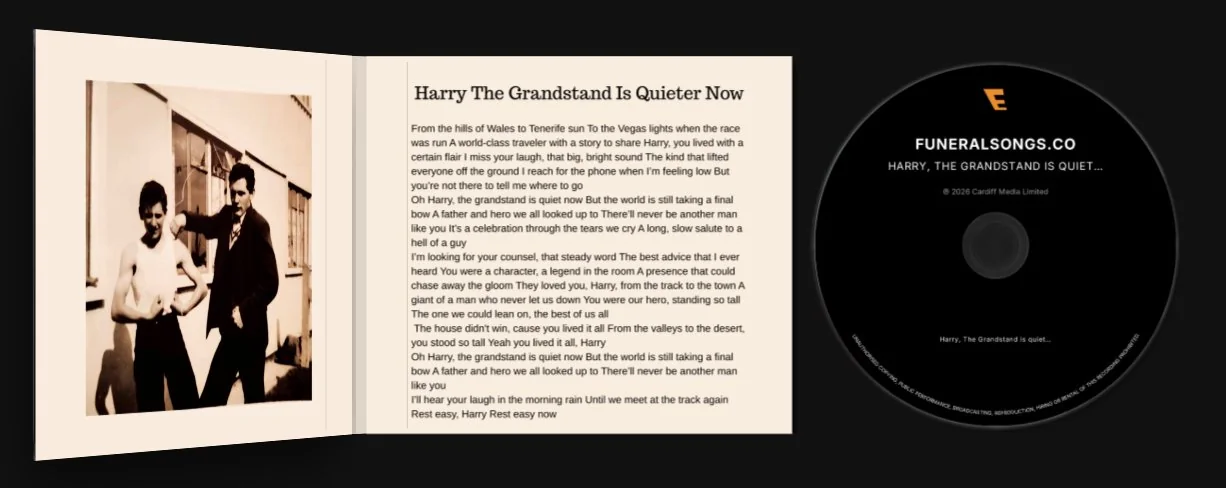 Complete CD layout for Harry's memorial — insert with photograph and lyrics, alongside the physical disc featuring the FuneralSongs.co logo and song title