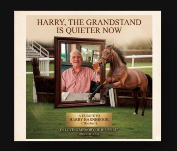 Front cover of Harry Barnbrook memorial CD — framed portrait with horse on racecourse, gold ribbon reading 'A Tribute to Harry Barnbrook (Bomber)'