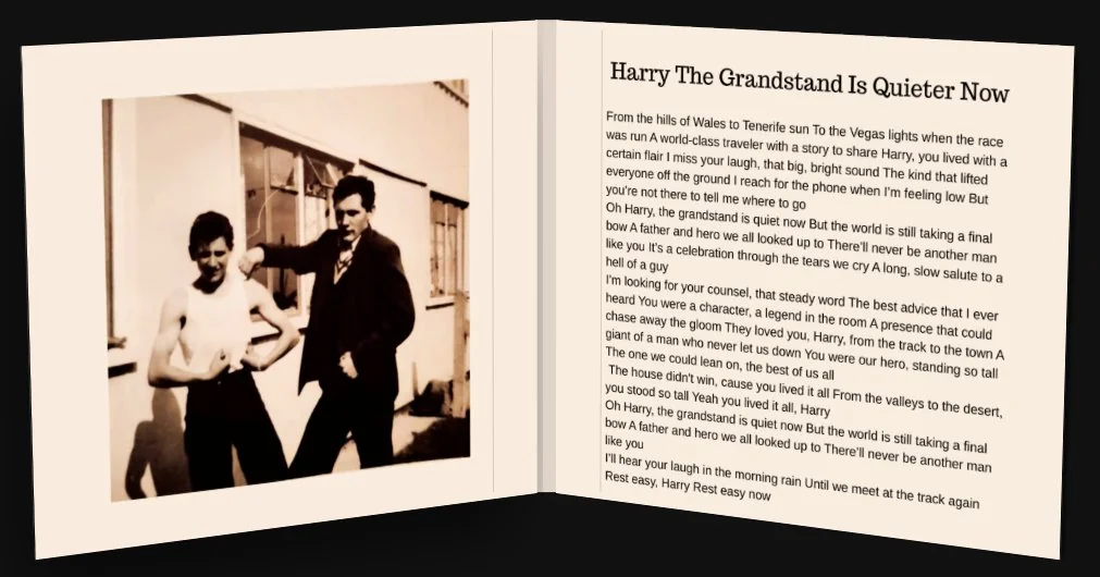 Inside gatefold of Harry's memorial keepsake — vintage photograph of young Harry alongside the full lyrics of 'Harry, The Grandstand Is Quieter Now'